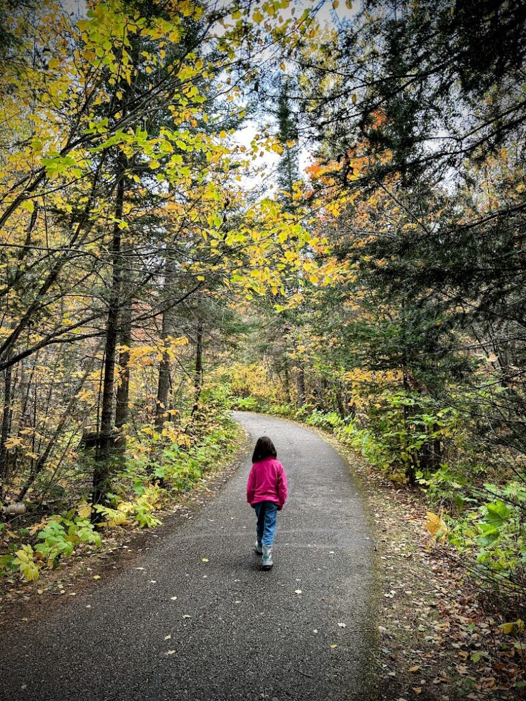 A young girl in a pink jacket walking down a winding paved trail surrounded by colorful fall foliage