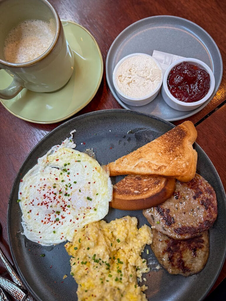 Gluten free breakfast in Bentonville with eggs, sausage, and gluten free toast option