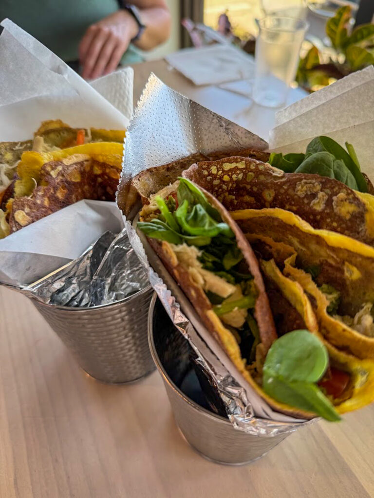 Gluten free tacos in Bentonville made with crepe-style shells and fresh greens