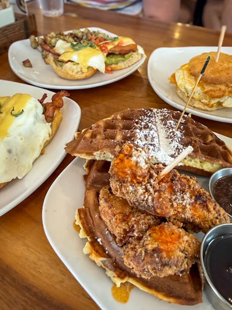 Gluten free brunch in Bentonville with waffles, eggs, and breakfast sandwiches